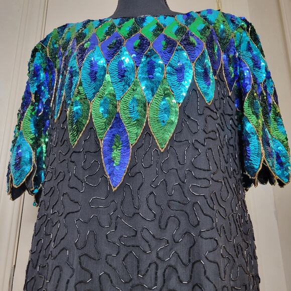 VTG Praise Hymn Fashions Pure Silk Sequin Beaded Green Blue Formal Blouse Top✨️M - Picture 12 of 16